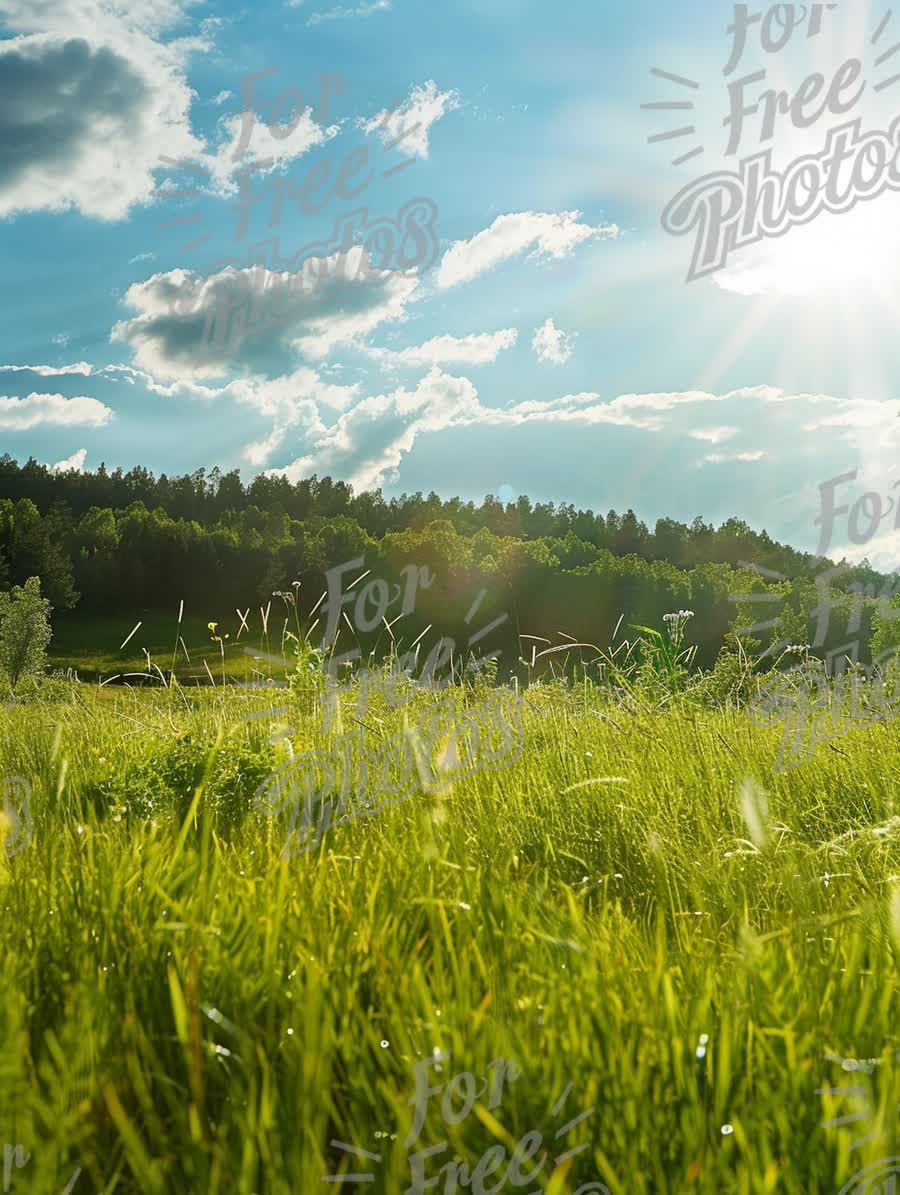 Vibrant Green Meadow Under Bright Blue Sky with Sunlight