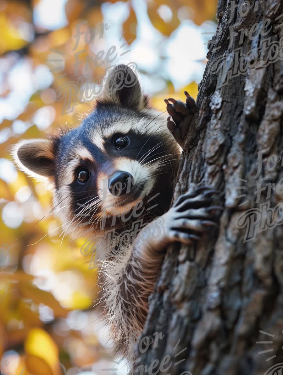 Curious Raccoon Peeking from Tree in Autumn Forest