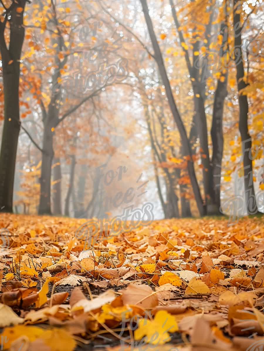 Serene Autumn Pathway with Golden Leaves in Foggy Forest