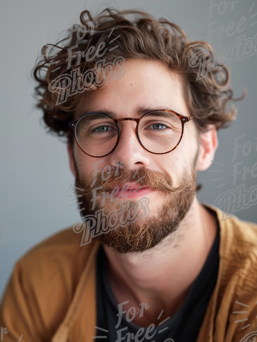 Confident Young Man with Curly Hair and Glasses Smiling Against a Neutral Background