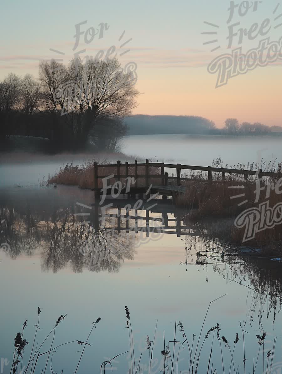 Tranquil Misty Morning Over Serene Lake with Wooden Bridge Reflection