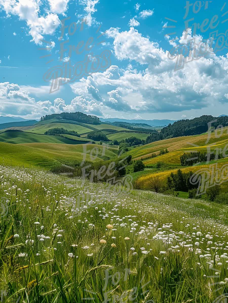 Serene Countryside Landscape with Rolling Hills and Wildflowers Under a Blue Sky