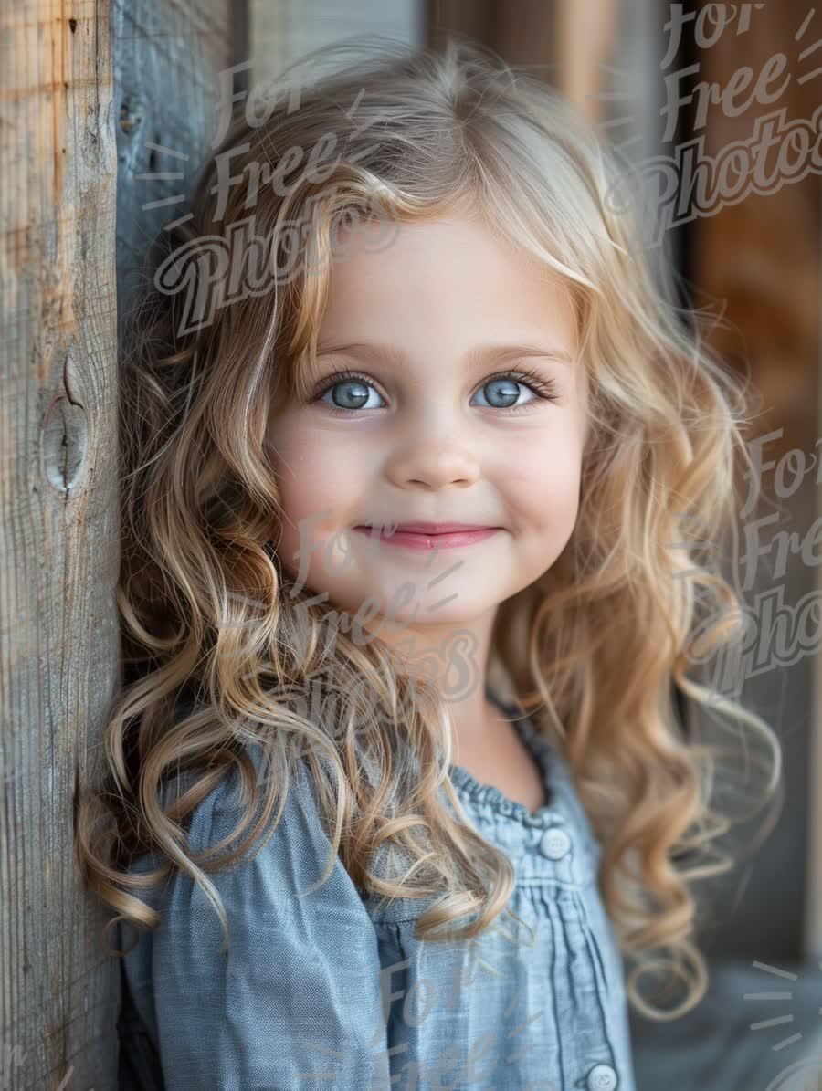 Charming Young Girl with Beautiful Curls and Bright Blue Eyes Against Rustic Background