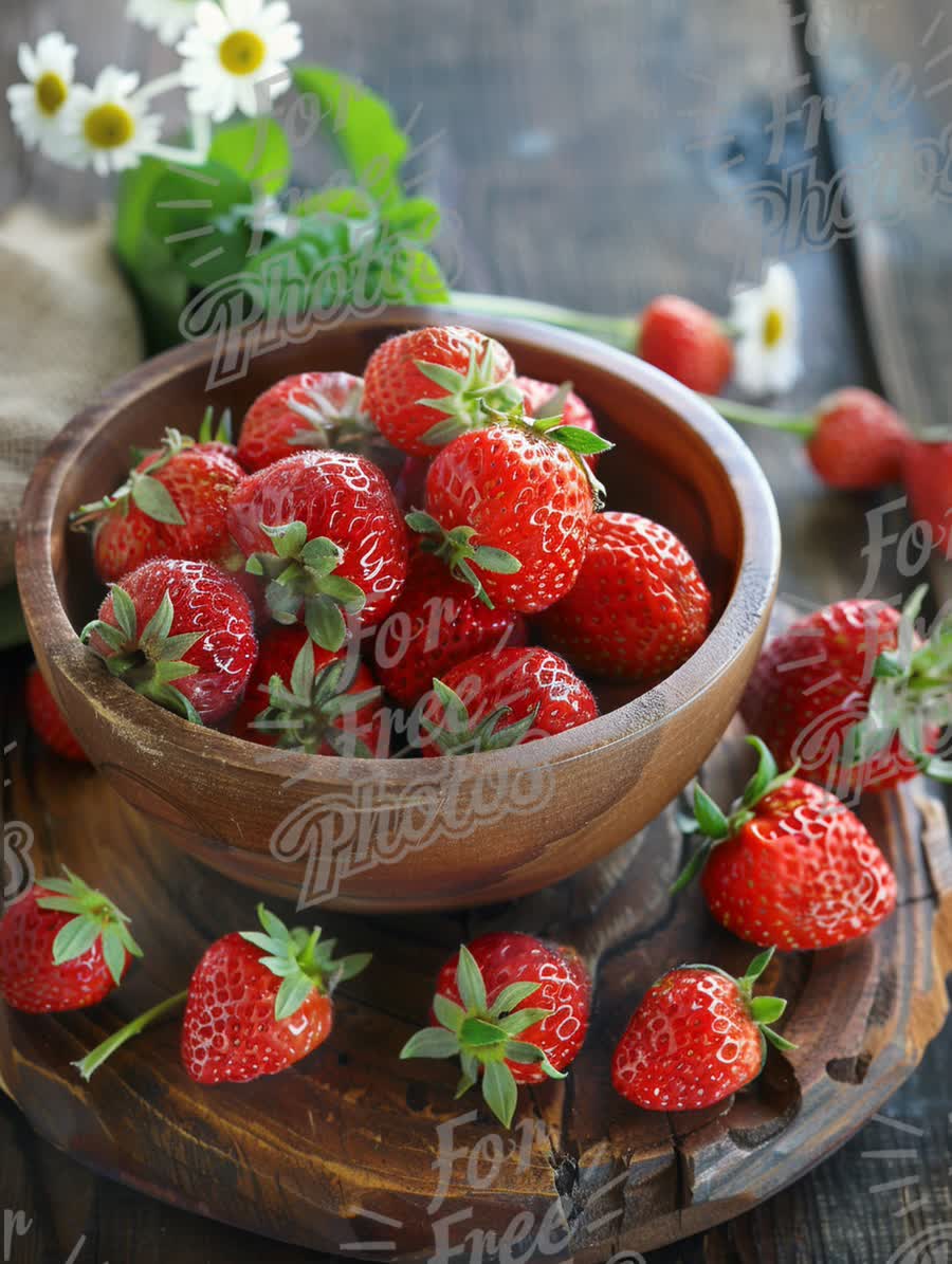 Fresh Organic Strawberries in Rustic Wooden Bowl with Green Leaves and Flowers