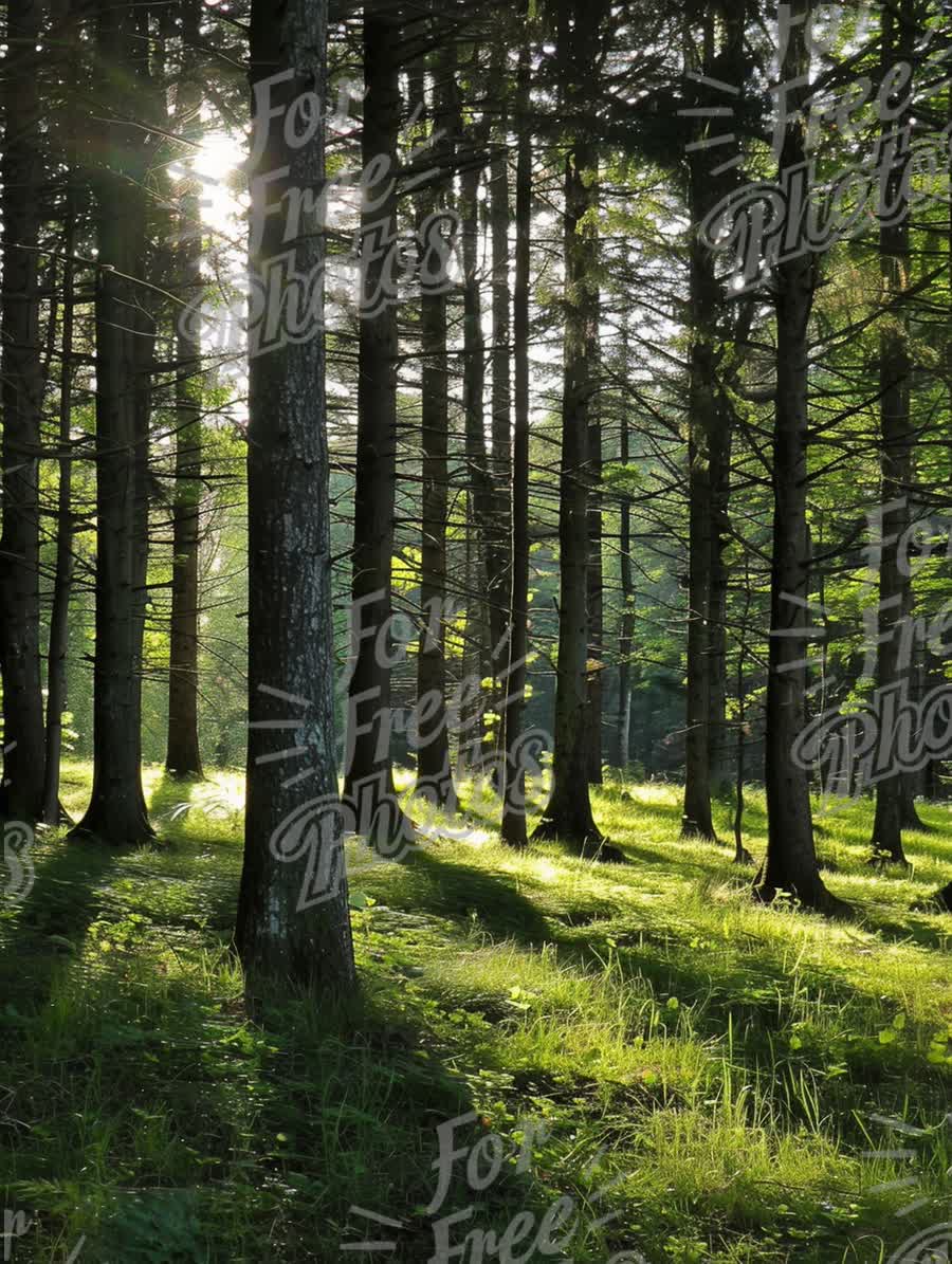 Sunlit Forest Landscape: Tranquil Nature Scene with Tall Trees and Green Underbrush