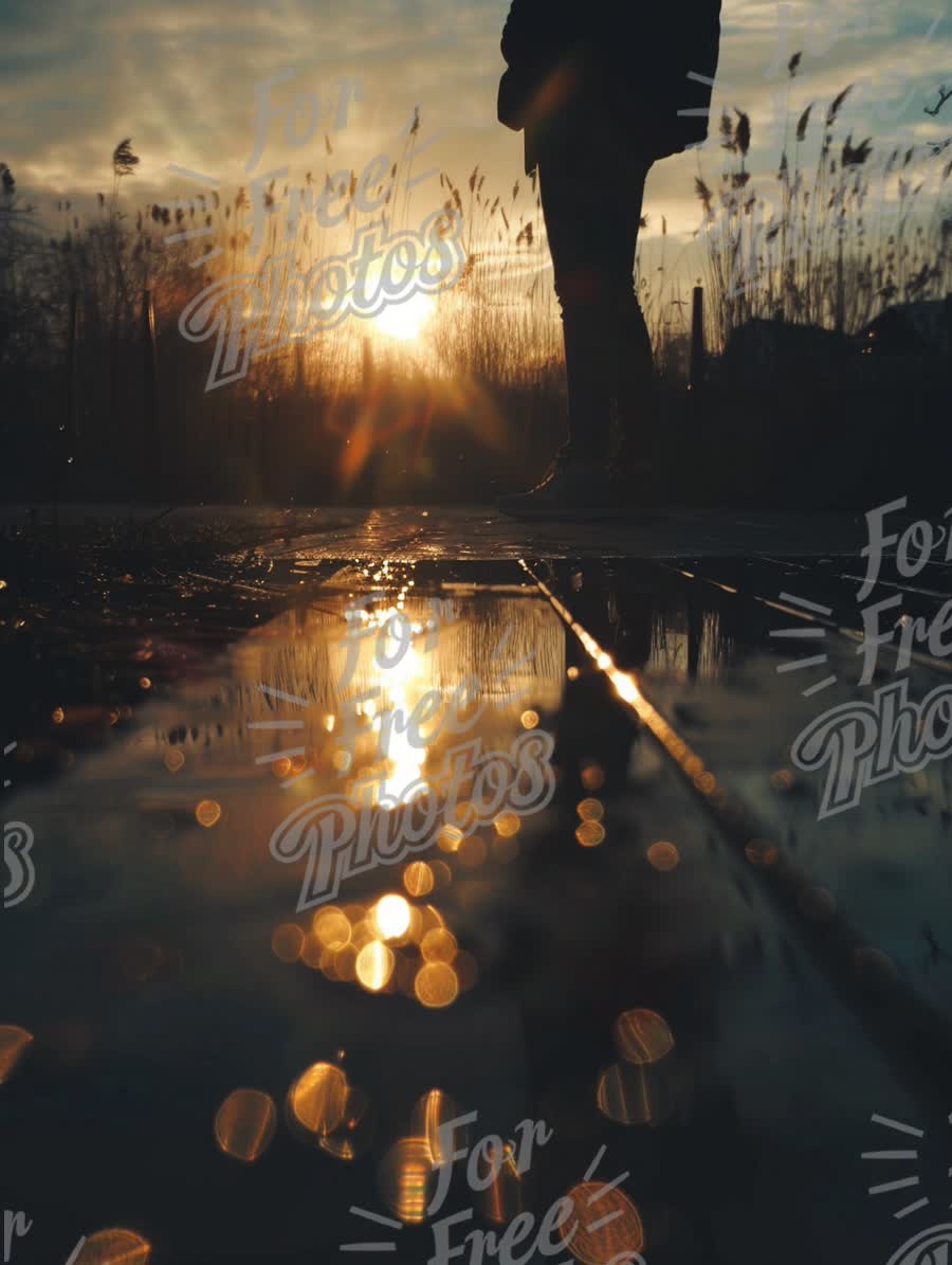 Serene Sunset Reflection: Silhouette in Nature with Water Bokeh