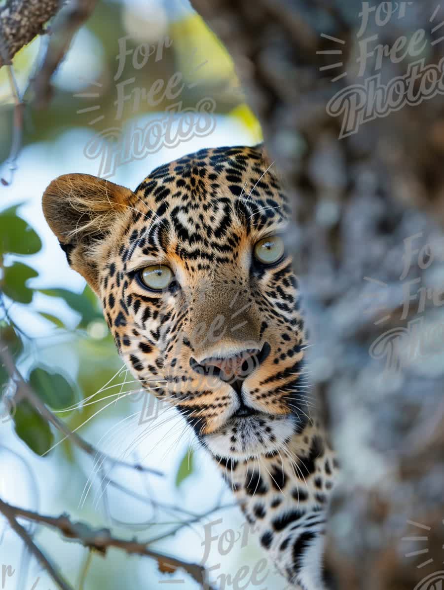 Majestic Leopard Peering Through Tree Branches in Natural Habitat