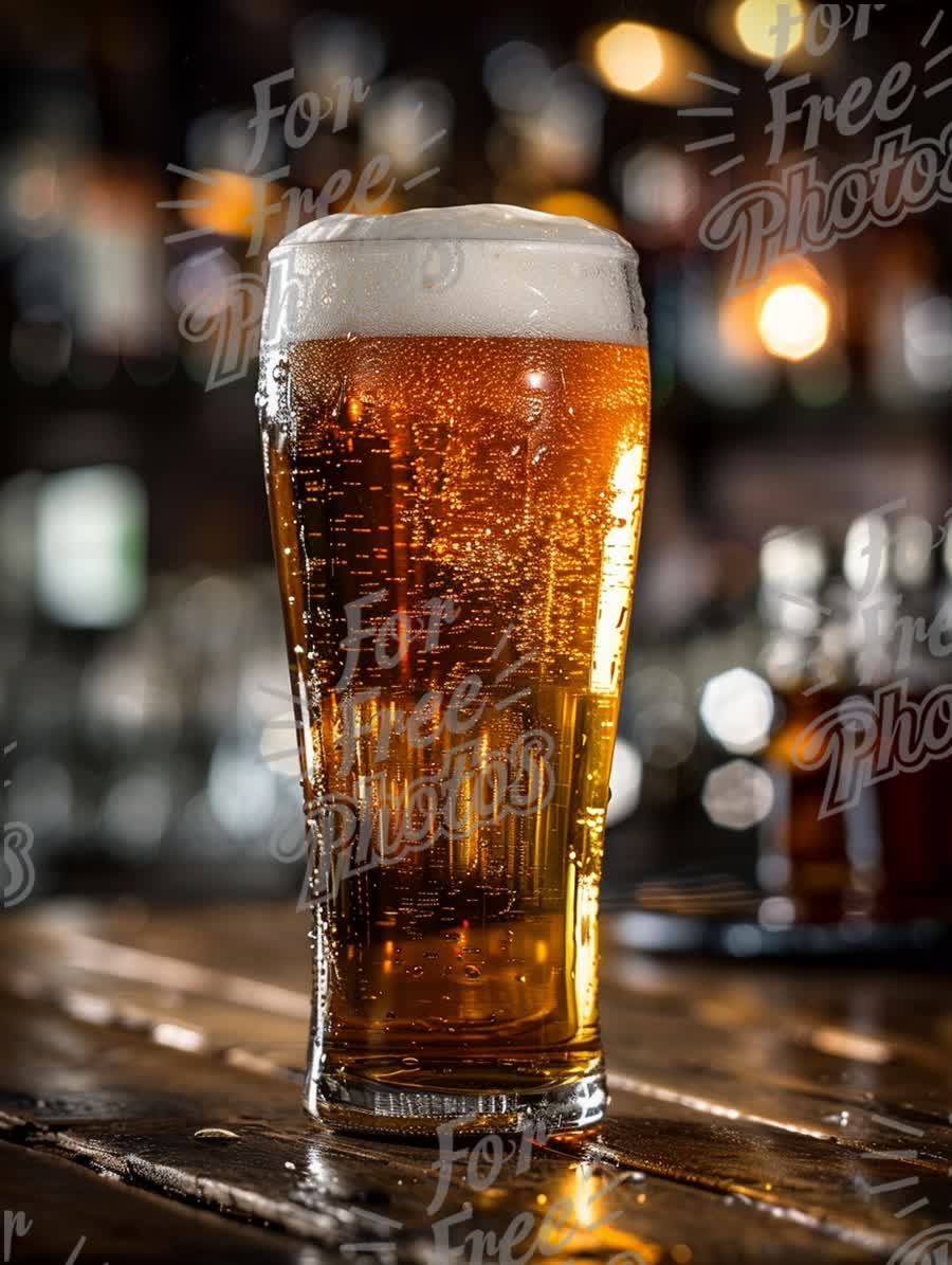 Refreshing Craft Beer in a Glass with Bubbles and Foam on a Rustic Bar