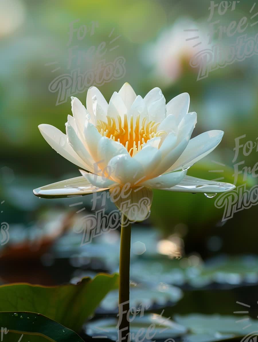 Serene White Lotus Blossom with Dew Drops in Tranquil Pond