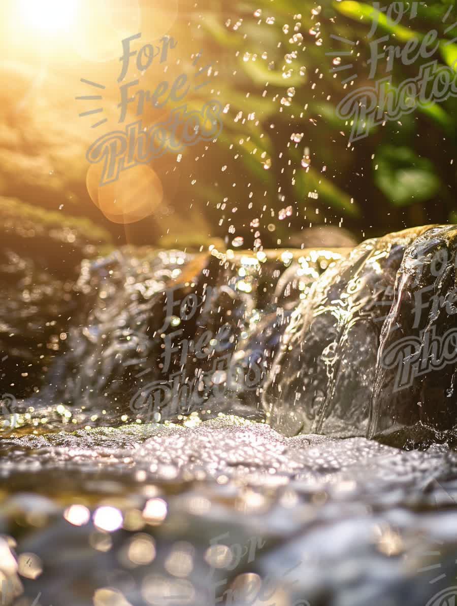 Serene Waterfall with Sunlight and Bokeh Effect in Lush Greenery