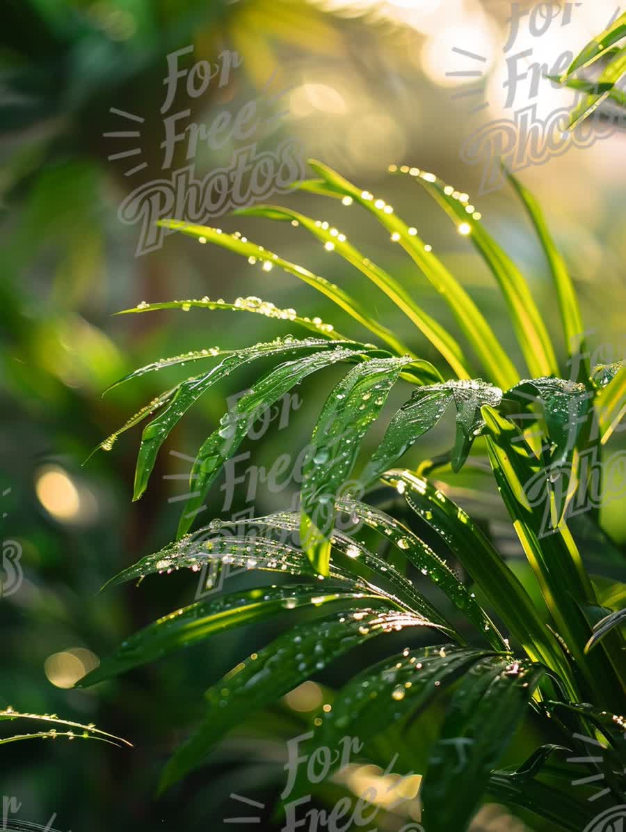 Fresh Green Leaves with Morning Dew in Sunlight - Nature Close-Up