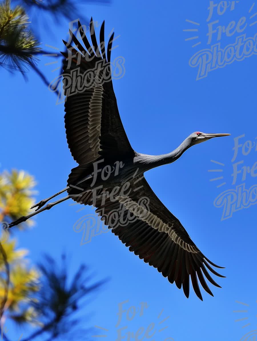 Majestic Crane in Flight Against Clear Blue Sky