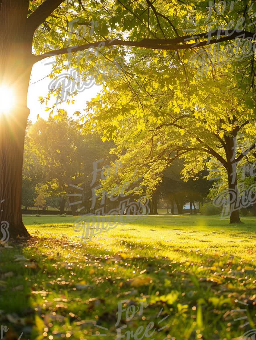 Golden Hour Serenity: Sunlight Filtering Through Lush Green Trees in a Peaceful Park