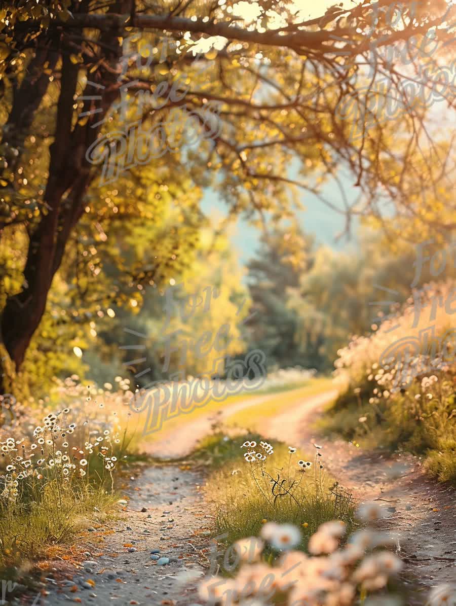 Serene Nature Pathway with Sunlit Flowers and Lush Greenery