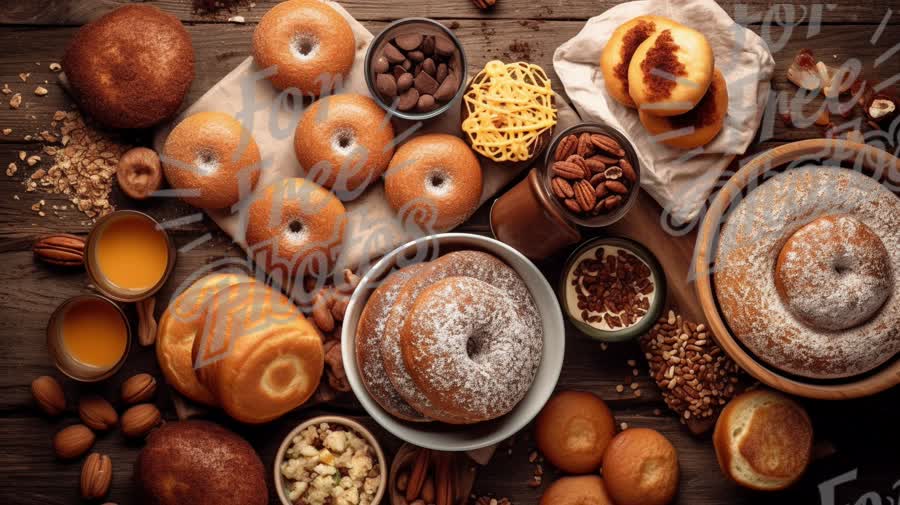 Delicious Assortment of Freshly Baked Pastries and Sweets on Rustic Wooden Table