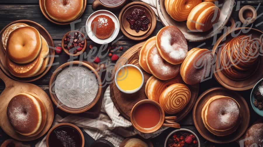 Delicious Assortment of Freshly Baked Donuts and Pastries with Coffee and Toppings