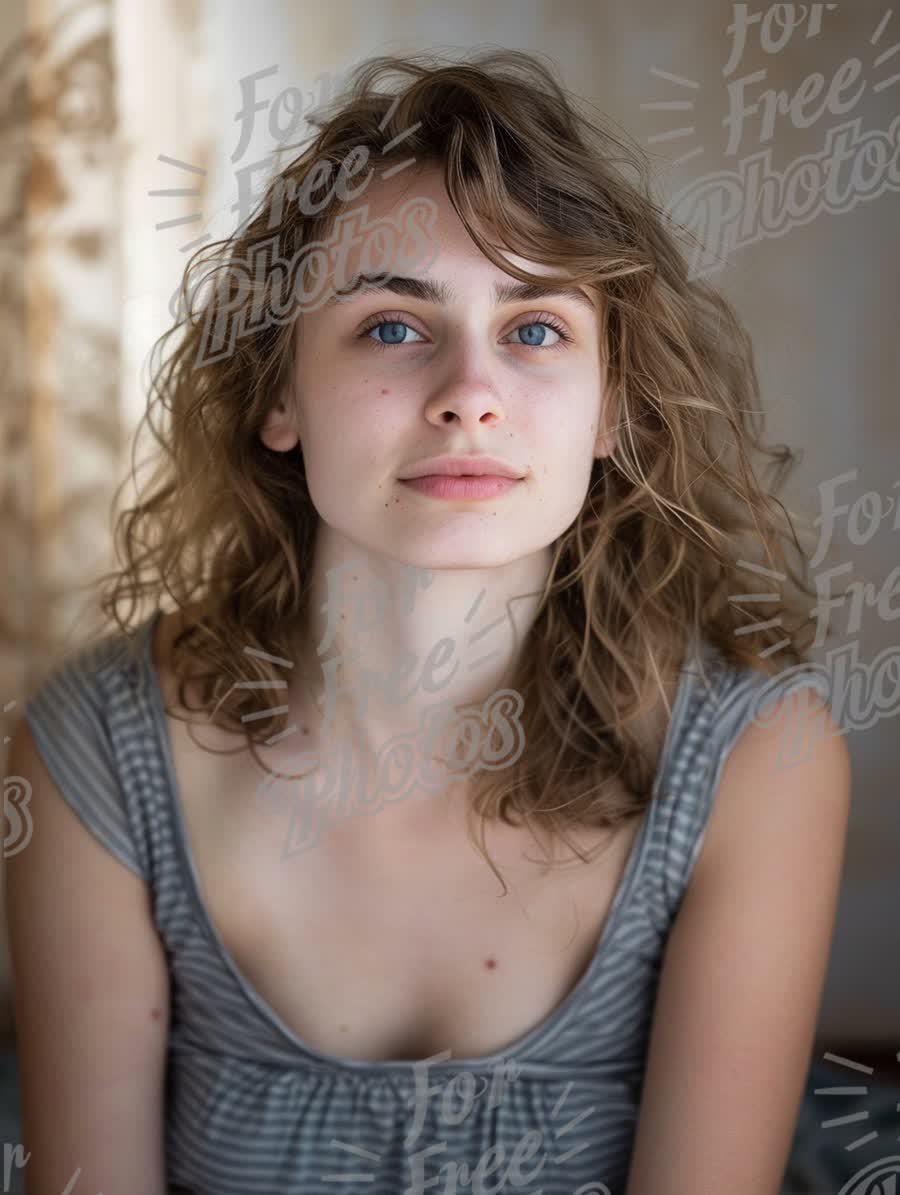 Natural Beauty Portrait of Young Woman with Curly Hair and Blue Eyes