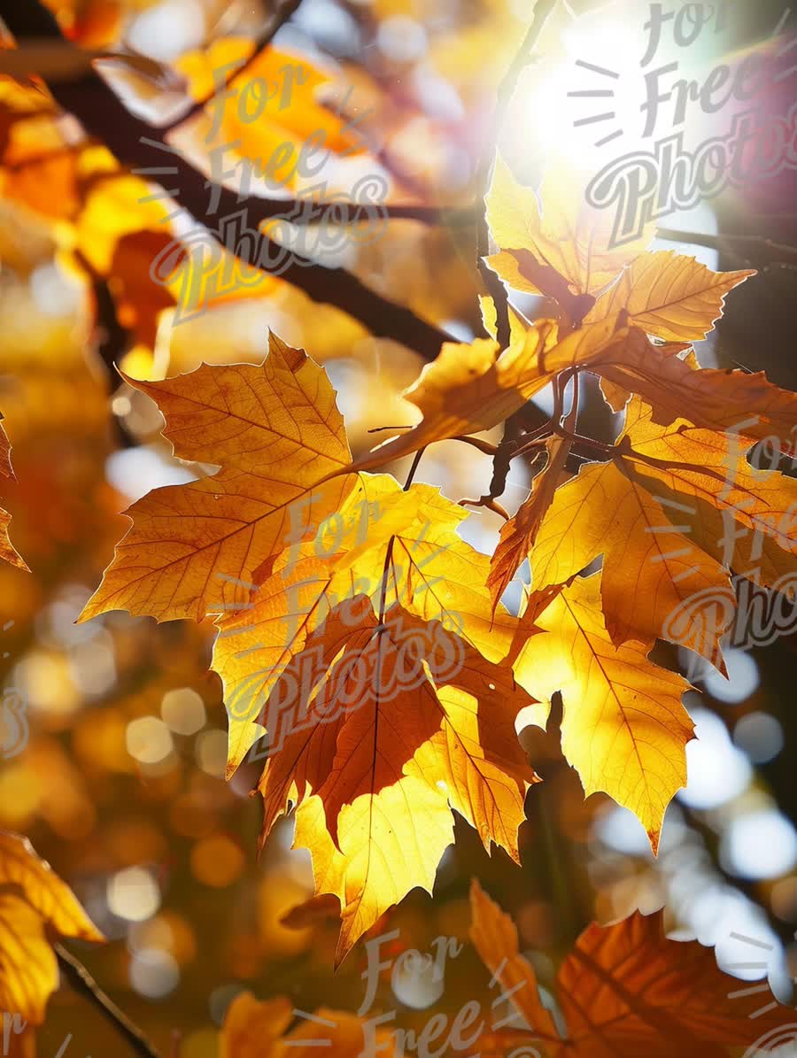 Golden Autumn Leaves with Sunlight Glare - Fall Foliage Background