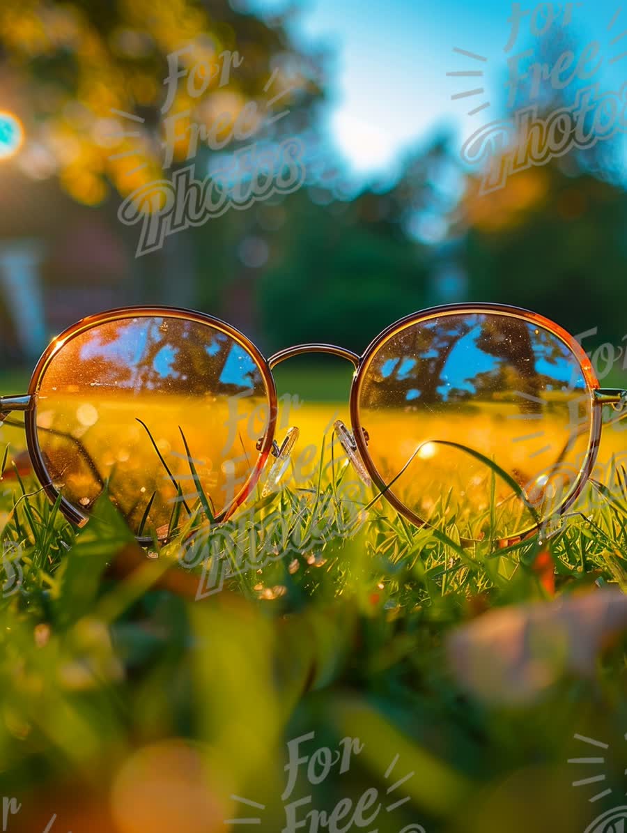 Stylish Sunglasses on Grass with Reflections of Nature - Summer Vibes