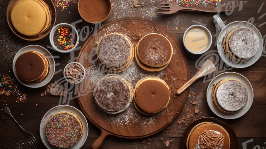 Delicious Stack of Pancakes with Toppings and Sprinkles on Rustic Table