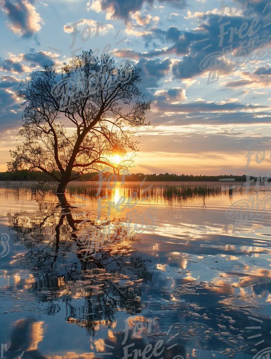 Tranquil Sunset Reflection Over Serene Lake with Silhouetted Tree