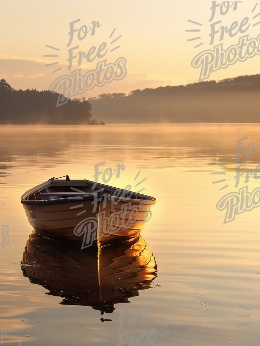 Tranquil Sunrise Over Calm Waters: Serene Boat Reflection in Misty Lake