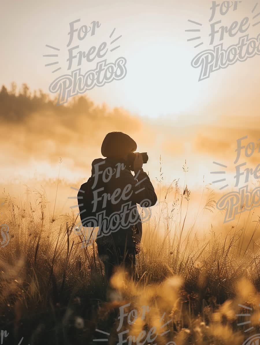 Silhouette of Photographer Capturing Sunrise in Misty Landscape