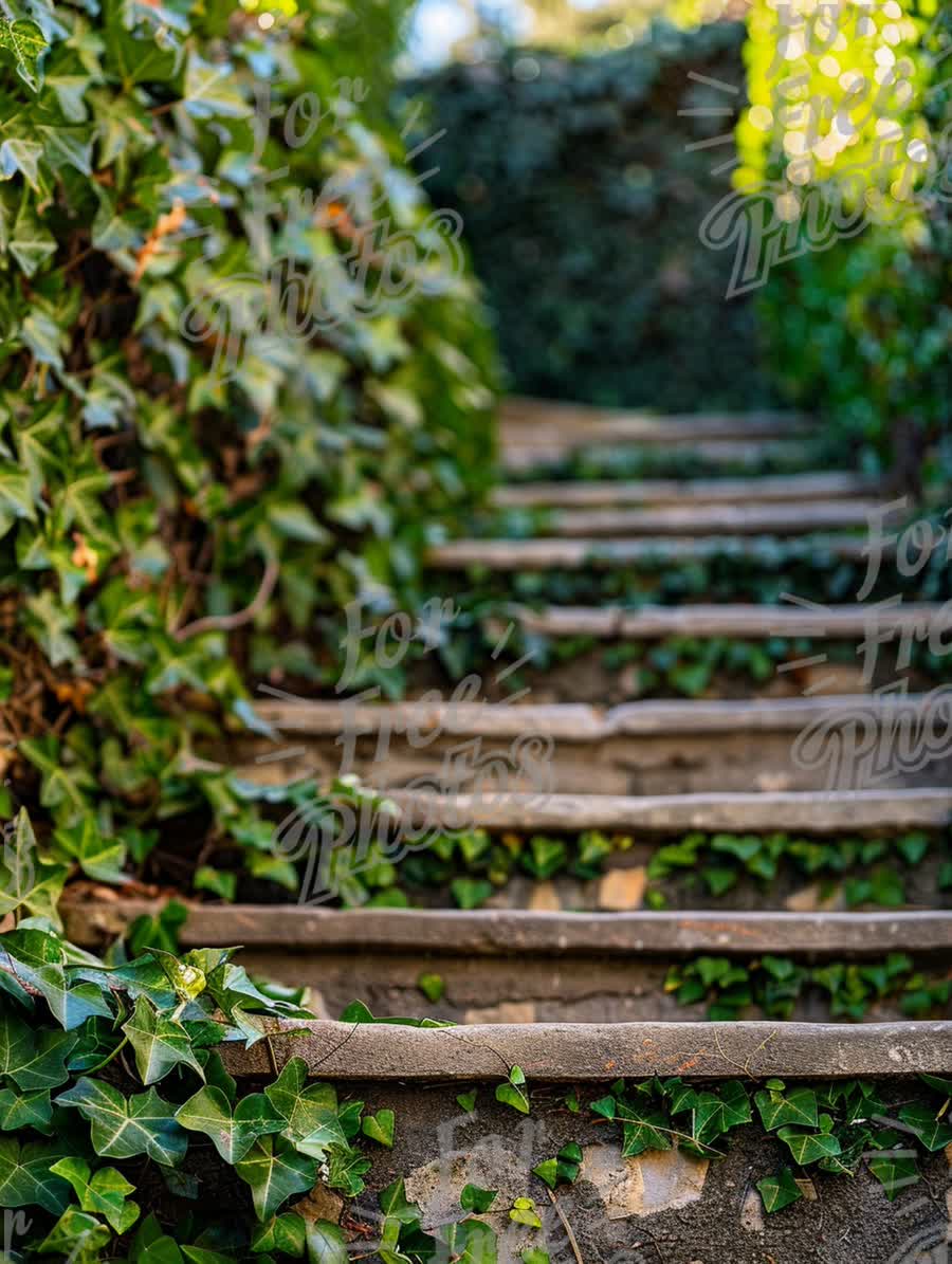 Serene Garden Pathway: Lush Ivy-Covered Steps in Nature