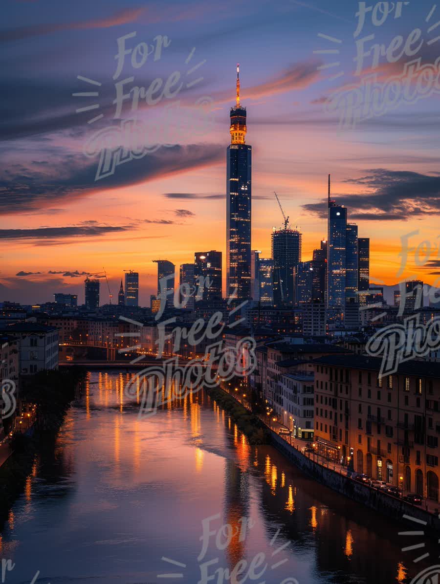 Stunning Cityscape at Dusk: Skyline Reflection Over Water with Modern Architecture