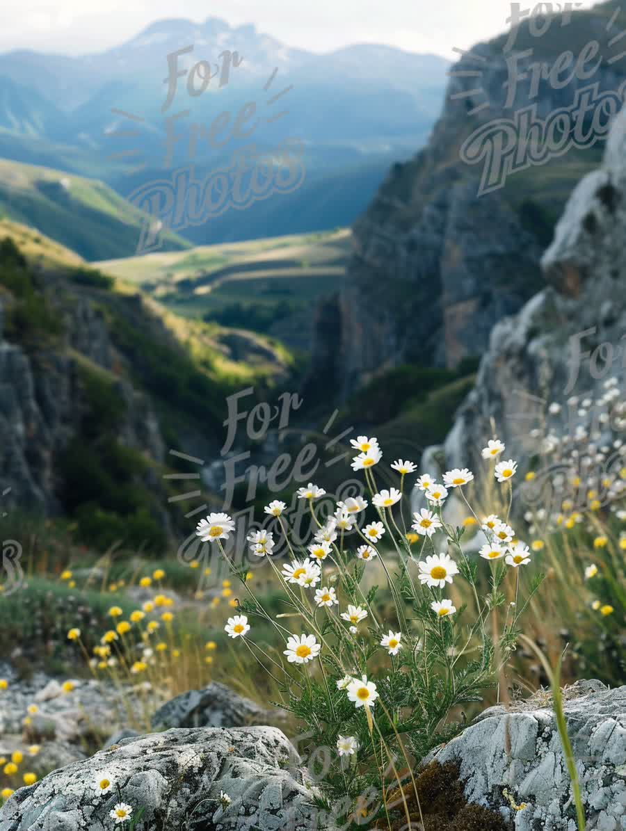 Serene Mountain Landscape with Wildflowers: Nature's Tranquility and Scenic Beauty