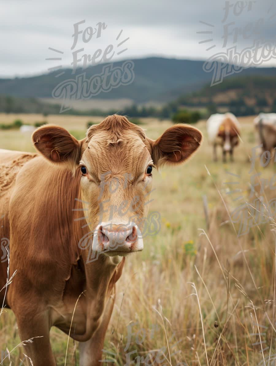 Curious Brown Cow in Pastoral Landscape: Farm Life and Agriculture