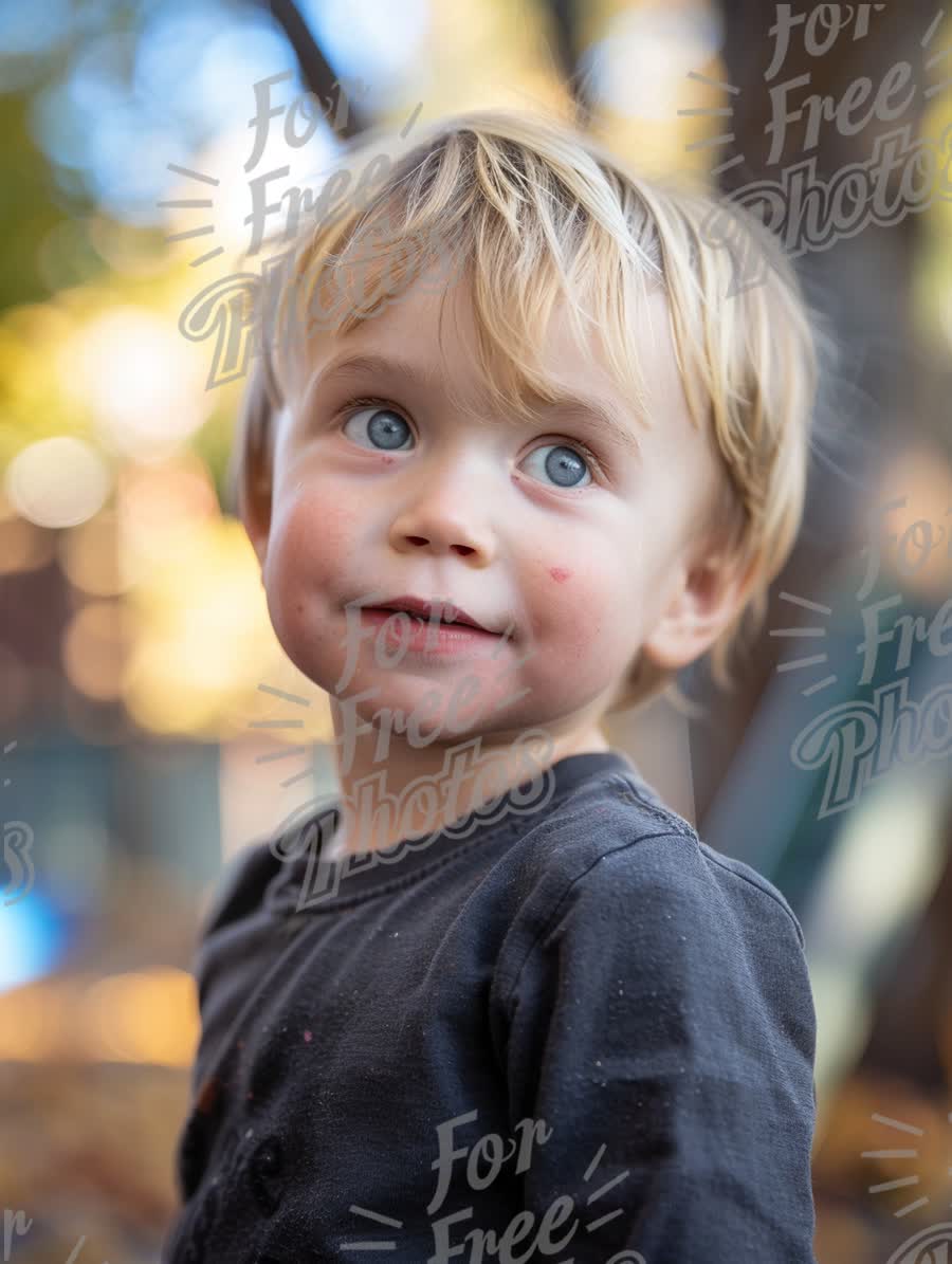 Curious Child with Bright Blue Eyes in Autumn Park