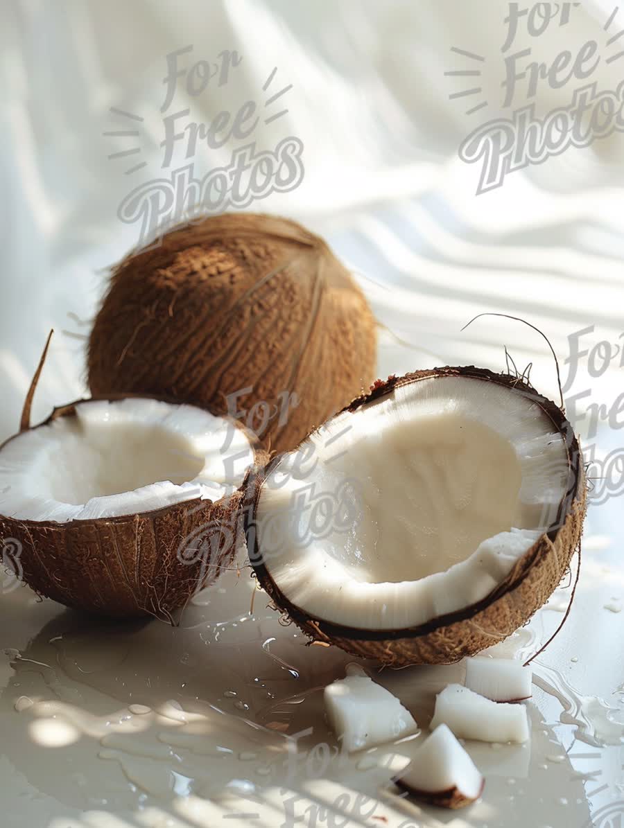 Fresh Coconut Halves with Water and Shredded Coconut on White Background