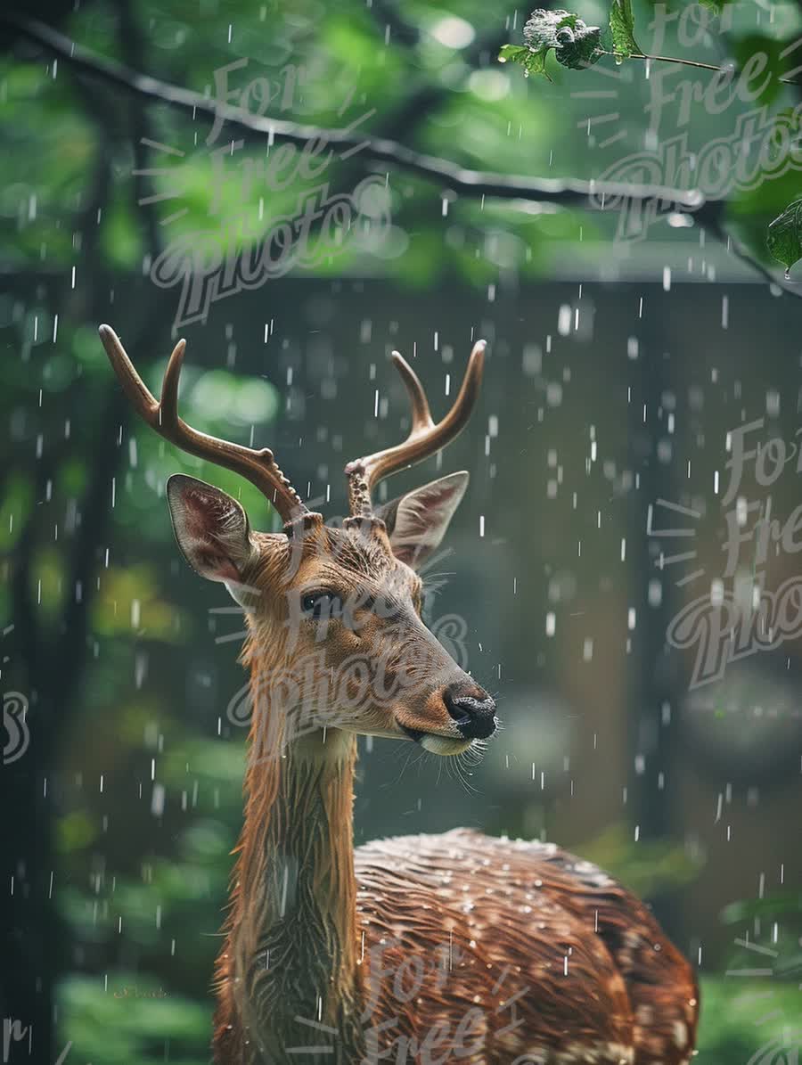 Majestic Deer in Rainy Forest: Nature's Serenity and Wildlife Beauty