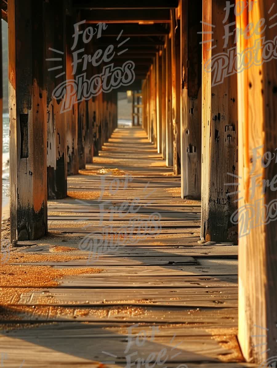 Tranquil Beach Pier at Sunset: Serene Coastal Pathway with Warm Light and Shadows