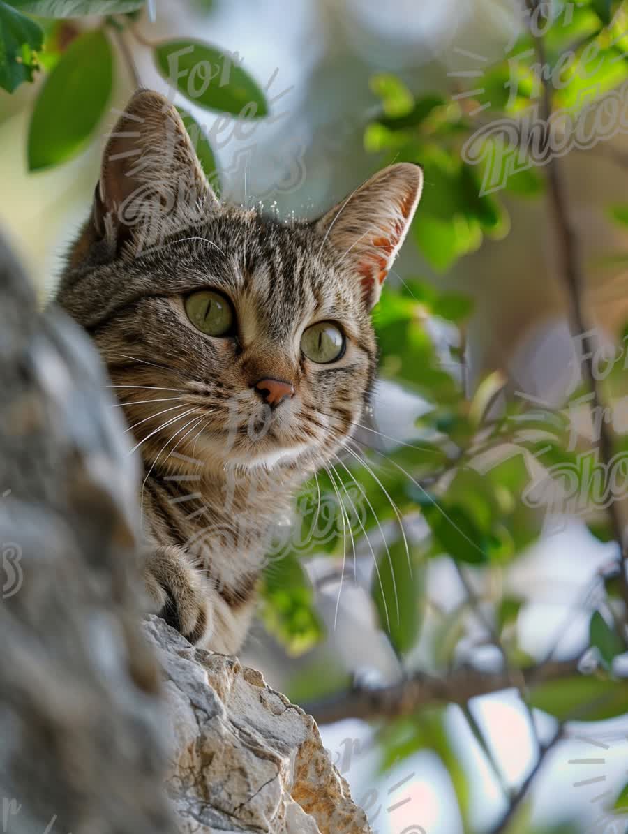 Curious Tabby Cat Peering Through Green Leaves in Nature