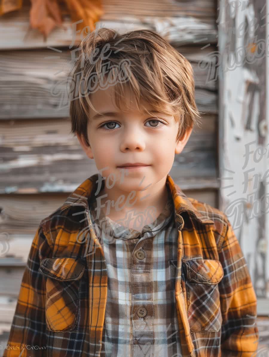 Charming Young Boy in Autumn Attire Against Rustic Background