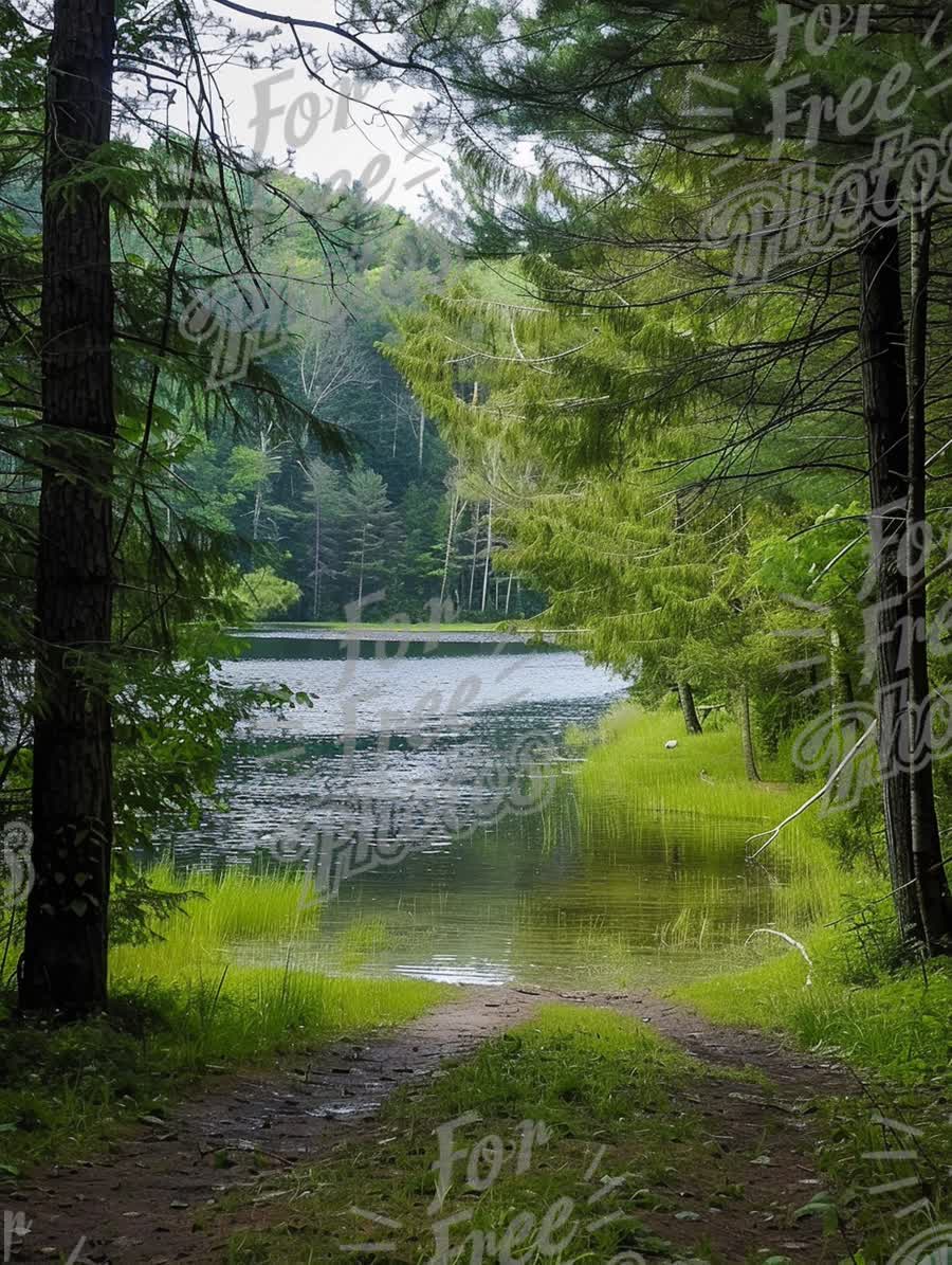 Tranquil Forest Pathway Leading to Serene Lake Reflection