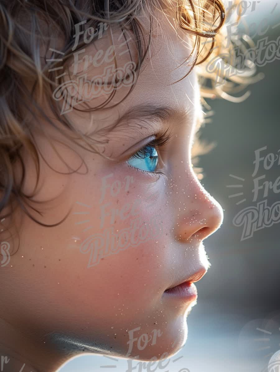 Close-Up of a Child's Profile with Water Droplets and Sunlight Reflection