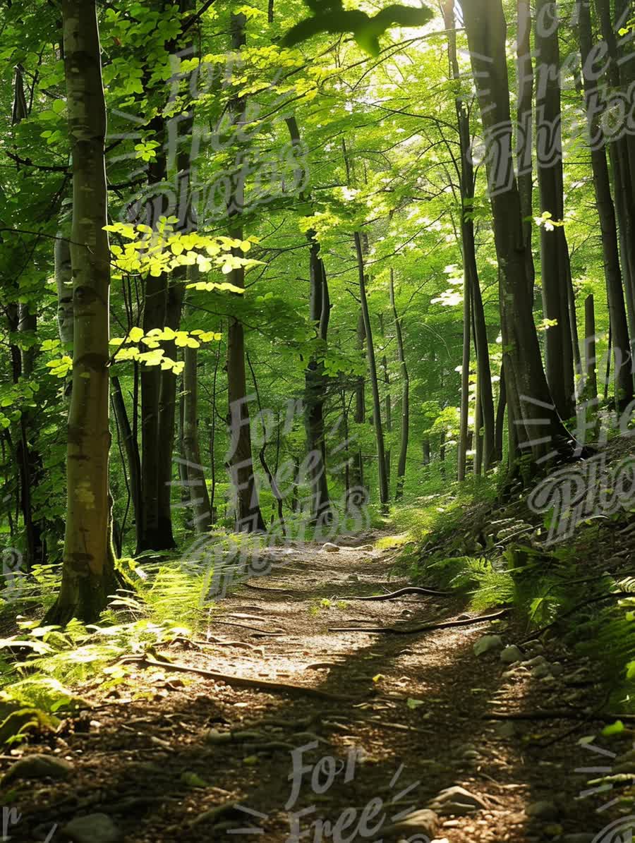 Serene Forest Pathway: Lush Green Nature Trail in Sunlight