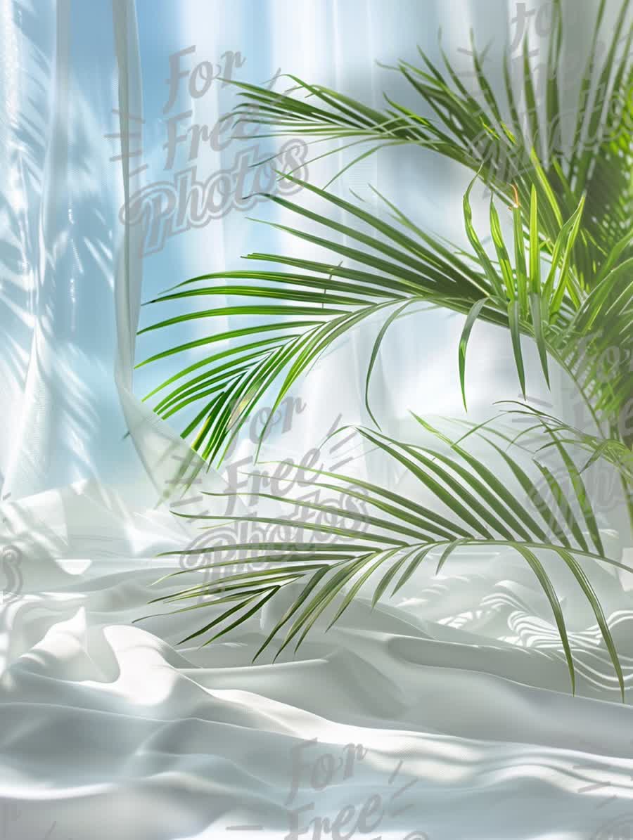 Serene Indoor Oasis: Lush Green Palm Leaves with Soft Drapery and Natural Light