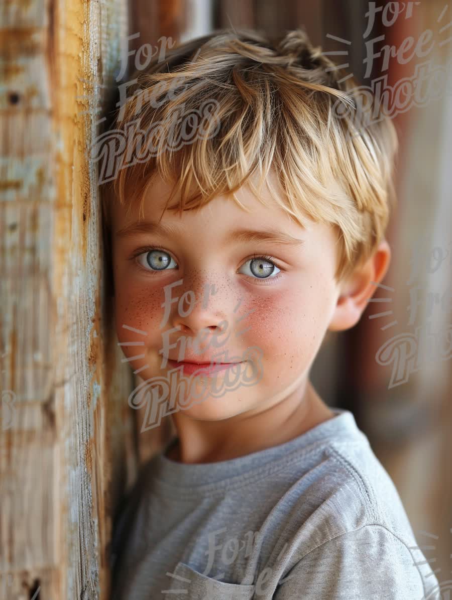 Charming Young Boy with Bright Blue Eyes and Freckles Against Rustic Background