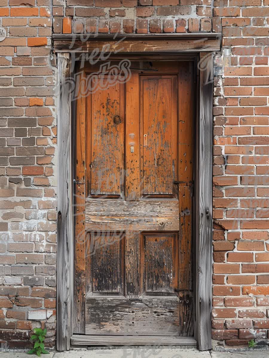 Weathered Wooden Door on Brick Wall: Rustic Architecture and Urban Decay