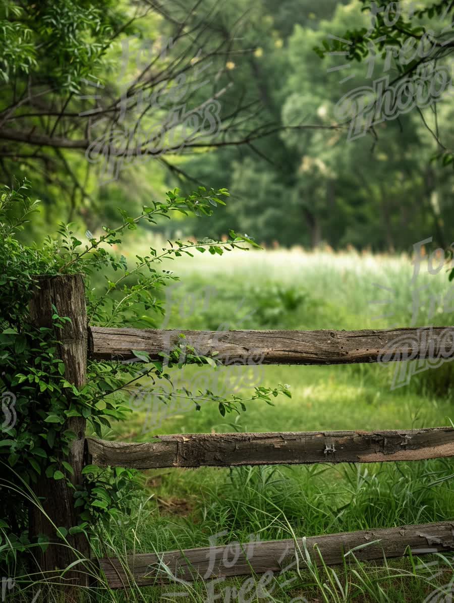 Serene Nature Pathway: Rustic Wooden Fence Surrounded by Lush Greenery