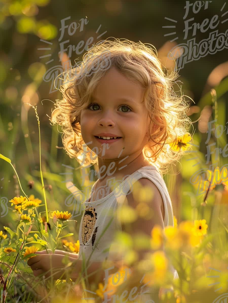 Joyful Child in Sunlit Flower Field: Nature, Happiness, and Childhood Innocence