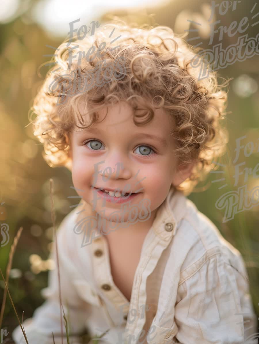 Joyful Child with Curly Hair in Sunlit Nature - Innocence and Happiness