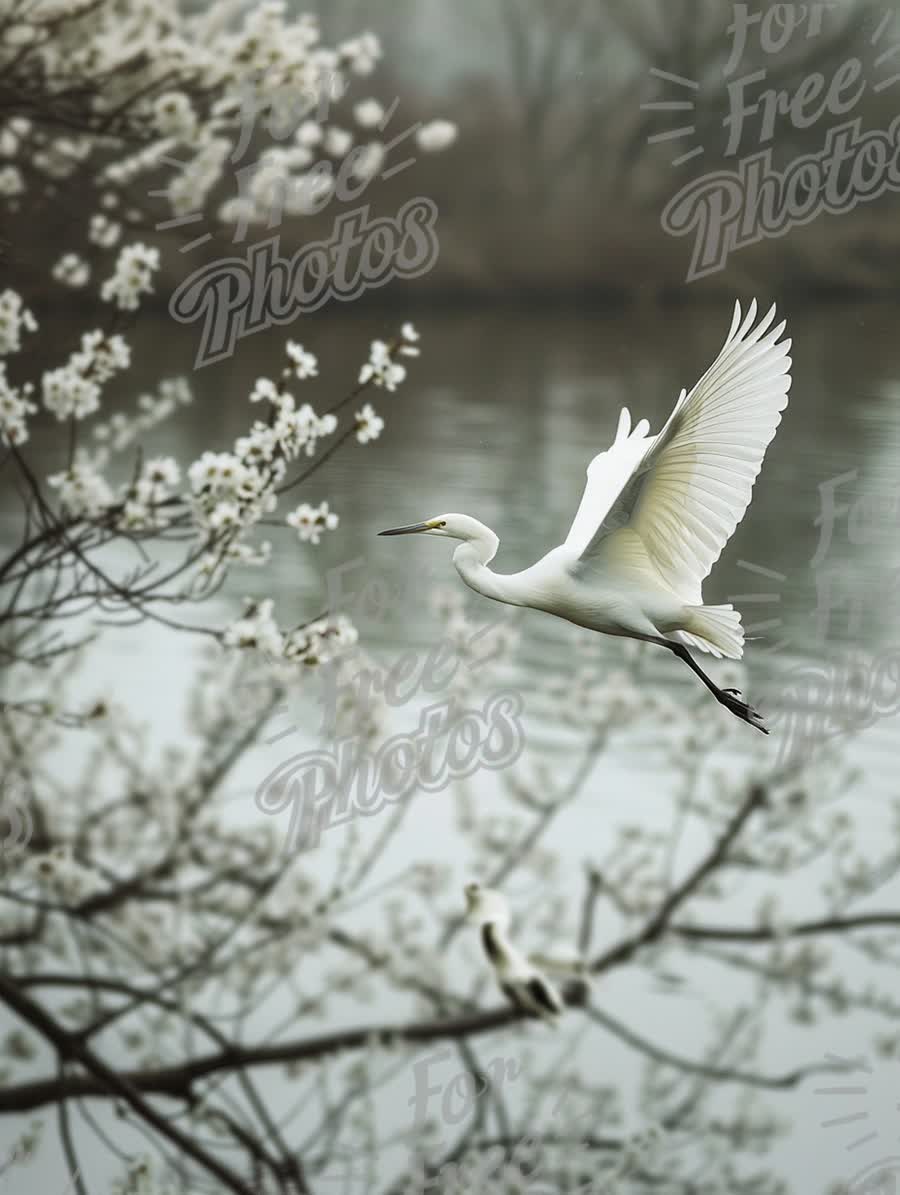 Graceful Egret in Flight Over Tranquil Waters with Blossoming Trees