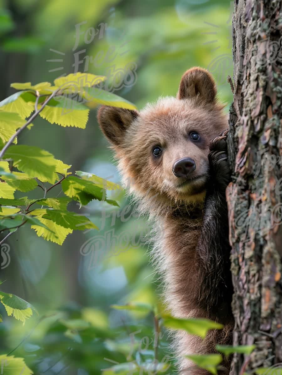 Curious Baby Bear Climbing Tree in Lush Green Forest