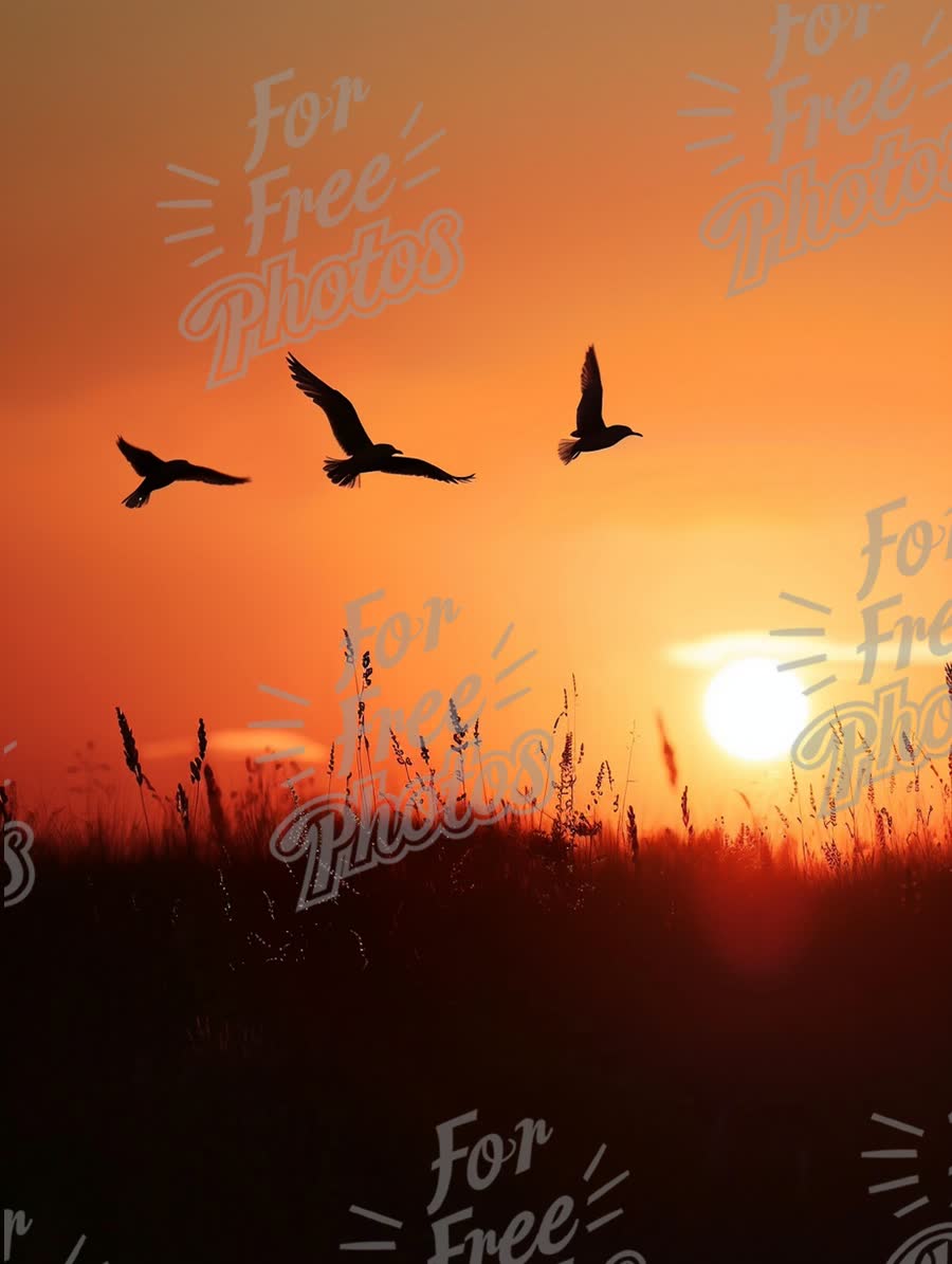 Serene Sunset with Silhouetted Birds in Flight Over Golden Horizon