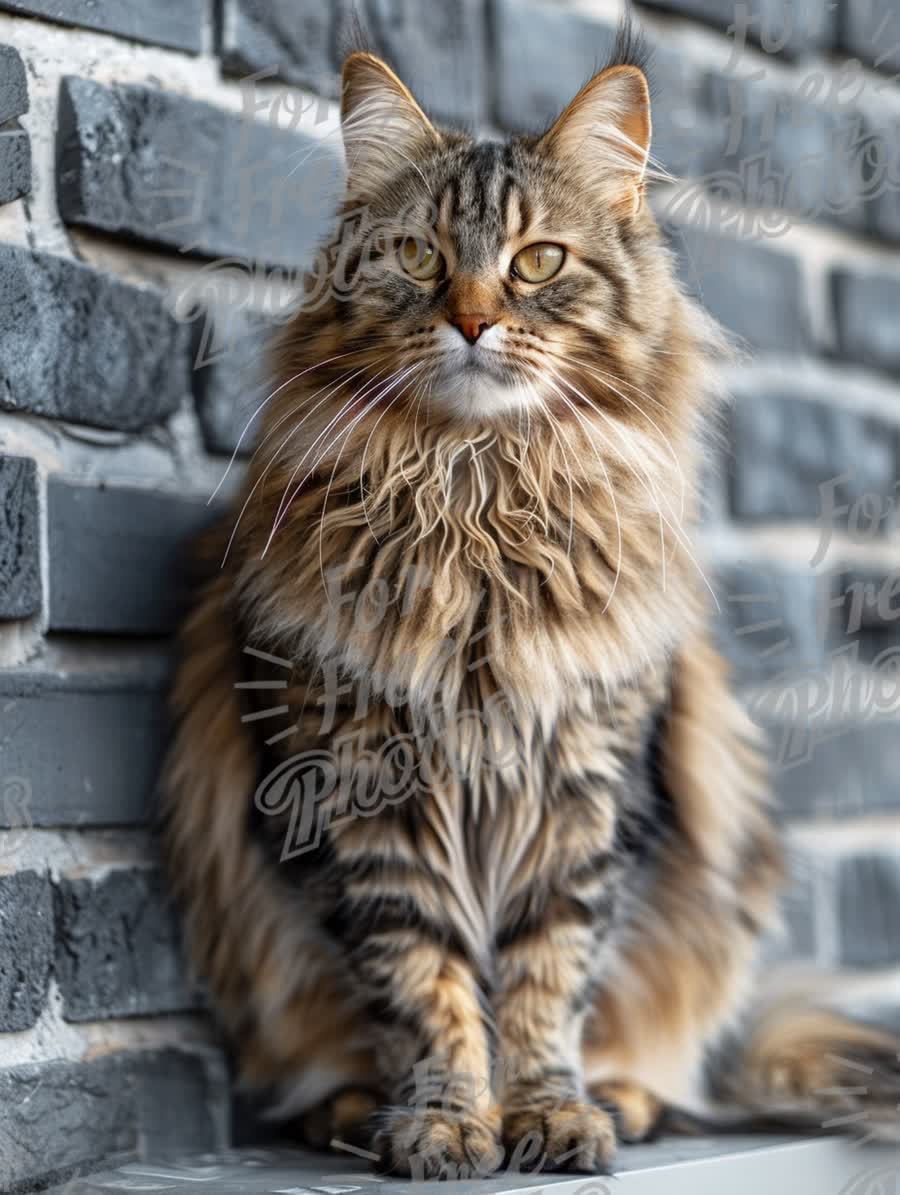 Majestic Long-Haired Cat Portrait Against Brick Wall